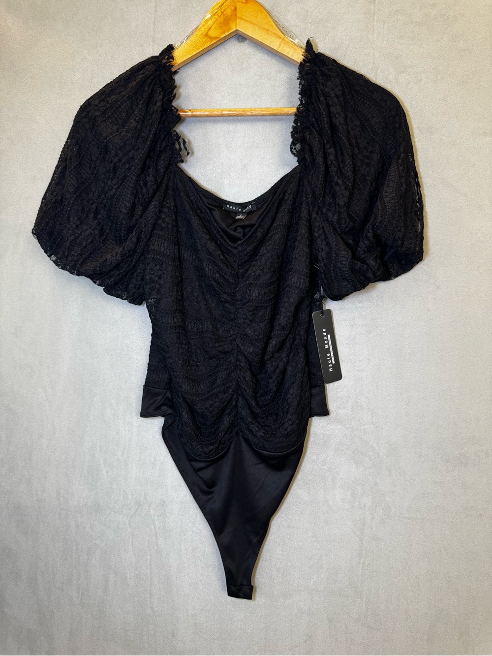 Haute Monde Bodysuit L NWT Black Lace Puff Sleeve Ruched Gothic Romantic